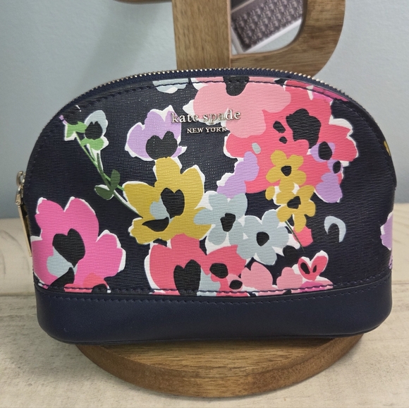 Kate Spade New York Sylvia Wildflower Bouquet Medium Dome Cosmetic Bag, NAVY EUC - Picture 2 of 10